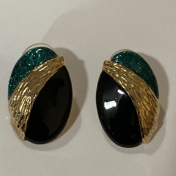Vintage 1980's Egg Shaped Earrings Gold Tone Green Black - Picture 3 of 4